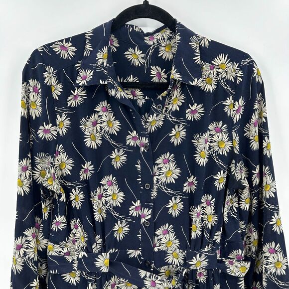 PRADA Navy Blue White 100% Silk Daisy Print Button Up Long Sleeve Mini Dress 8 - Picture 3 of 8